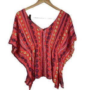 POLLY & ESTHER CORAL SMOCKED FLUTTER SLEEVE BLOUSE LARGE-EUC